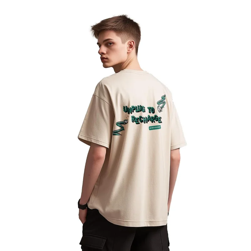 نوبيرو Men's Oversized Graphic Print T-Shirt in Beige