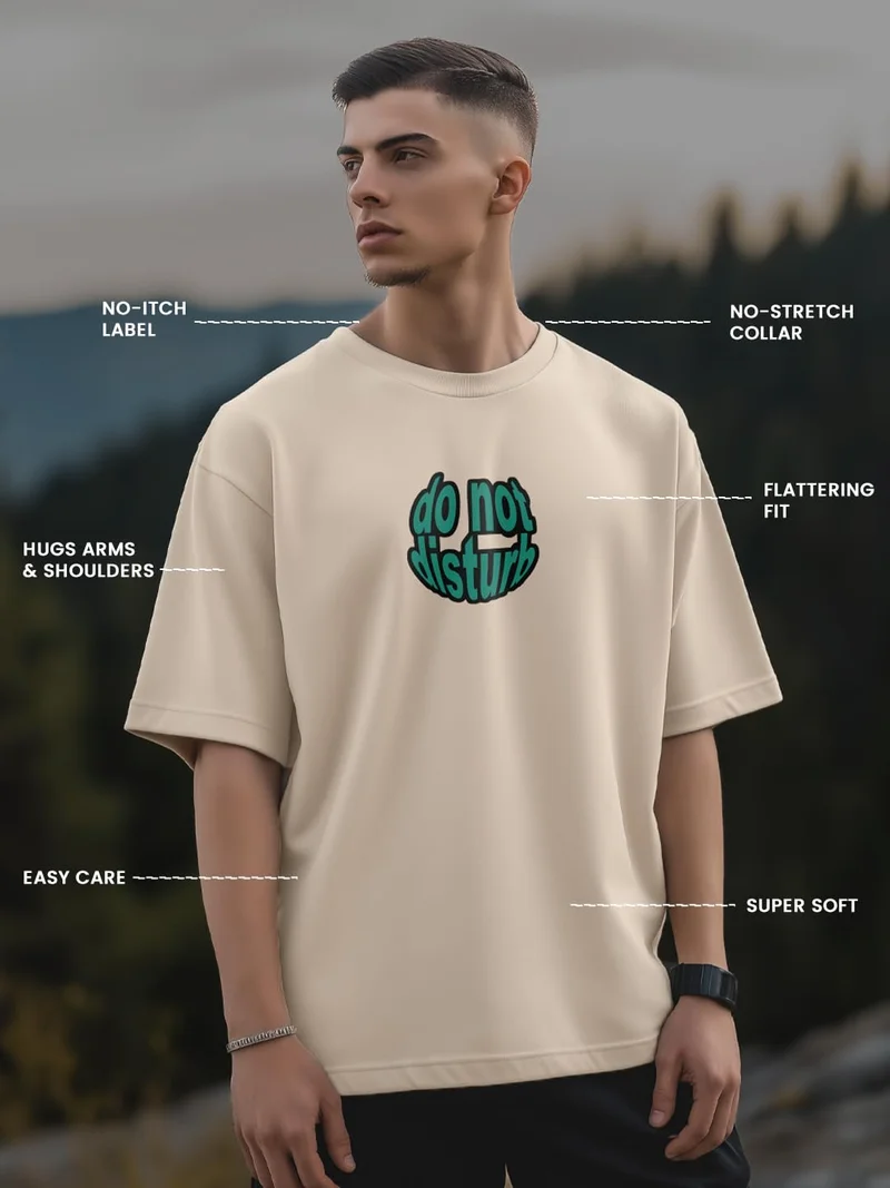 نوبيرو Men's Oversized Graphic Print T-Shirt in Beige