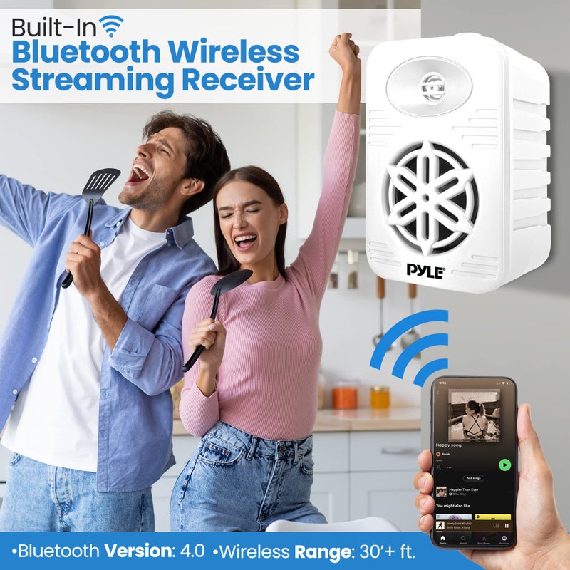 Pyle 4â€ Outdoor Speakers, 2-Way Bluetooth Waterproof Speaker System with Polymer Tweeter, Heavy-Duty ABS Build, Bluetooth Speakers with Wireless Streaming for Patio, Pool, Deck, or Boat, White, 2-Pack - Image 3