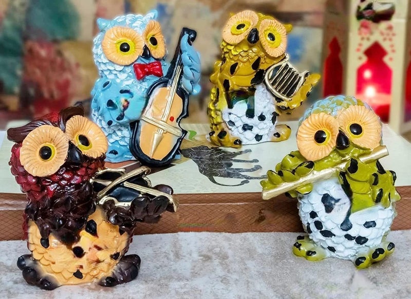 DEQUERA Owl ShowpieceFigurinesStatues for Good Luck Playing Musical Instruments for Home Office Decor Showpiece Decorative Gifting Items Set of 4 Owl Showpiece Style1 Multicolor - Image 2