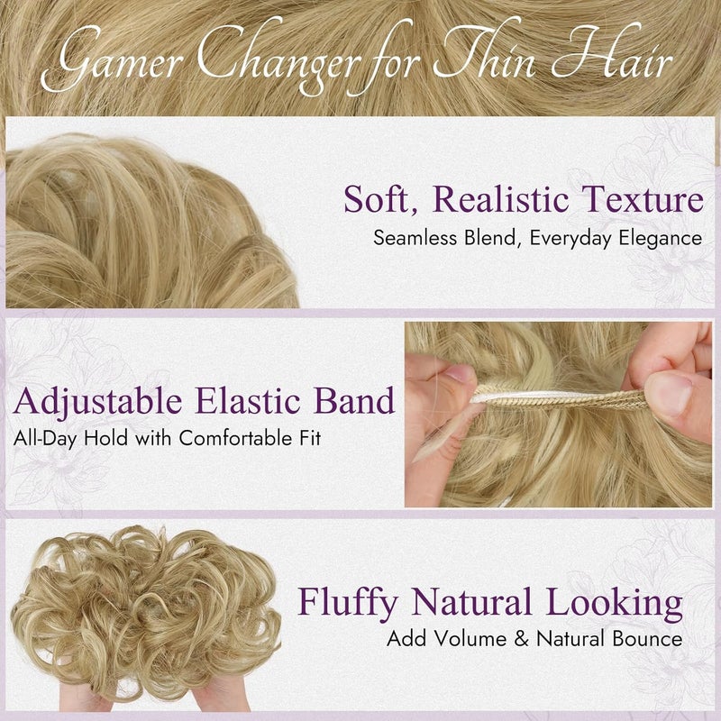 BARSDAR 2 Pieces Messy Bun Hairpiece with Elastic Band, Hair Bun Hair Scrunchie Extensions for Women Synthetic Hair Updo Hair Bun Hair Extensions Hairpieces - Gloden Blonde with Highlights - Image 4