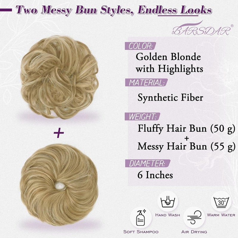 BARSDAR 2 Pieces Messy Bun Hairpiece with Elastic Band, Hair Bun Hair Scrunchie Extensions for Women Synthetic Hair Updo Hair Bun Hair Extensions Hairpieces - Gloden Blonde with Highlights - Image 2