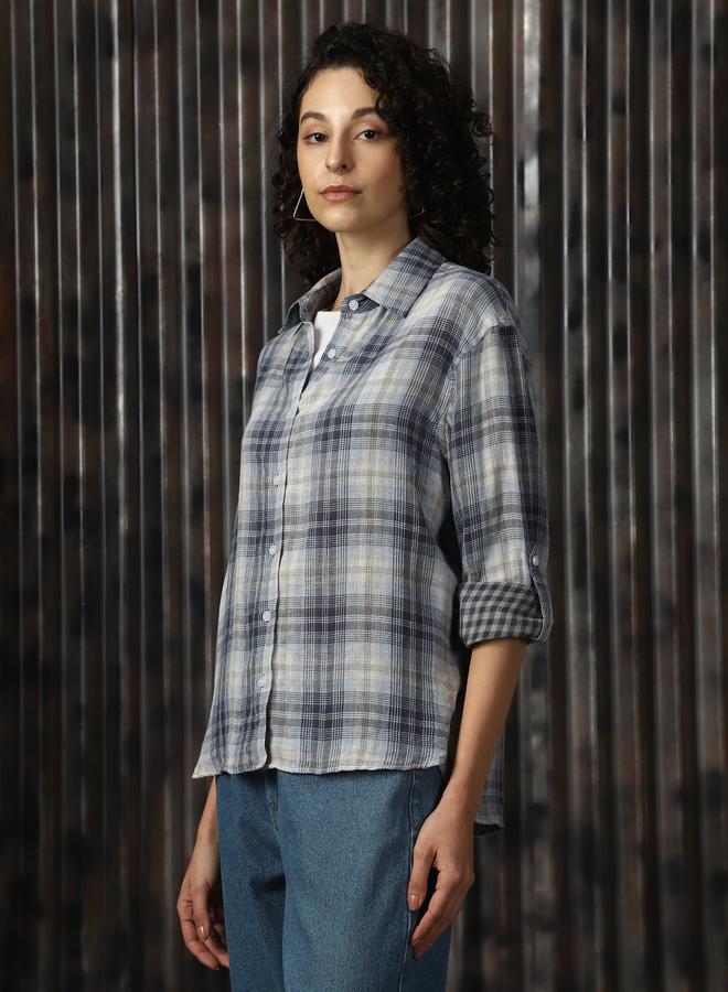 HIGH STAR Women Spread Collar Tartan Checked Cotton Oversized Casual Shirt  - Image 3