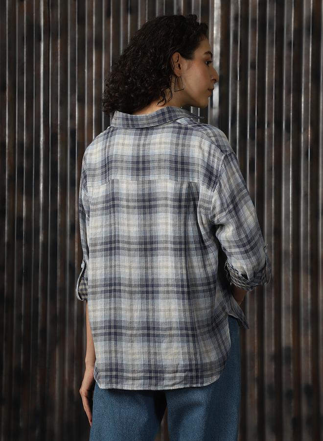 HIGH STAR Women Spread Collar Tartan Checked Cotton Oversized Casual Shirt  - Image 5