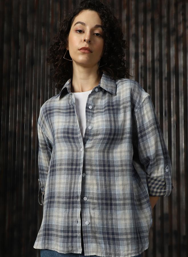 HIGH STAR Women Spread Collar Tartan Checked Cotton Oversized Casual Shirt  - Image 1
