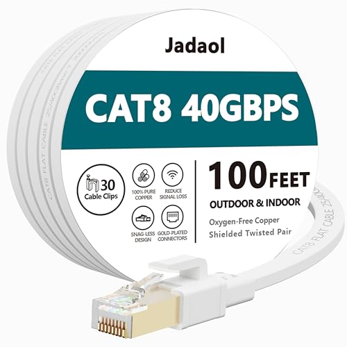Jadaol Cat8 Ethernet Cable 100 ft (30.48m), Outdoor&Indoor, Flat 40Gbps 2000MHz S/FTP Cable, Heavy Duty Internet Cord, UV Resistant Weatherproof Shielded RJ45 for Router, Modem, Switch, Gaming, PC, TV, White - Image 1