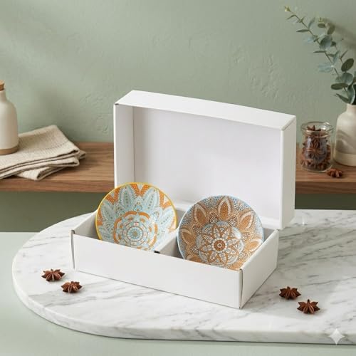 FLAVION Colourful Ceramic Bowl Set, Mandala Printed Bowls Gift Set, Microwave Safe Porcelain Tableware, Decorative Serving Bowls for Salads, Soup, Dessert, Rice, Snacks, Noodles (Pack of 2) - Image 1