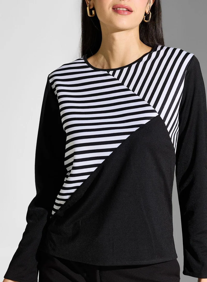 Golden Apple Crew Neck Stripes Detail Top