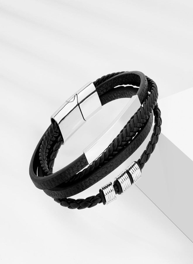 wynameleri Leather Bracelet Black men's magnetic bracelet in Gift Box - Image 2