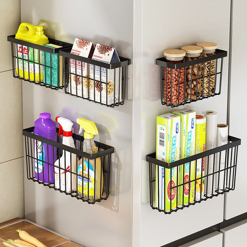 رف تخزين الثلاجة رف تخزين جانبي مطبخ منزلي متعدد الوظائف رف توابل جانبي سلة تخزين معلقة بدون ثقب - Image 5