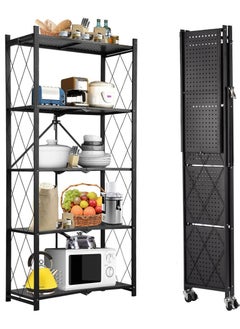 POWER 5 Tier Thickened Foldable Storage Rack with Wheels,No Assembly,Large Capacity Shelves,Heavy-Duty Metal Shelving Unit Rolling Cart for Garage, Kitchen, Basement, Pantry(Black, 5-Tier)  - Image 5