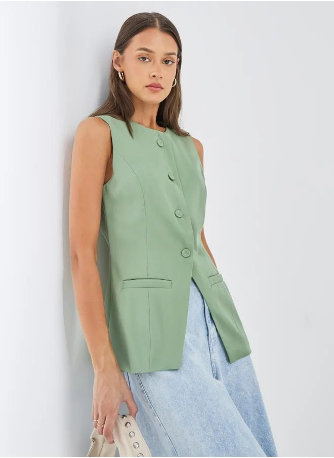 ستايلي Styli Solid Single Breasted Sleeveless Longline Blazer