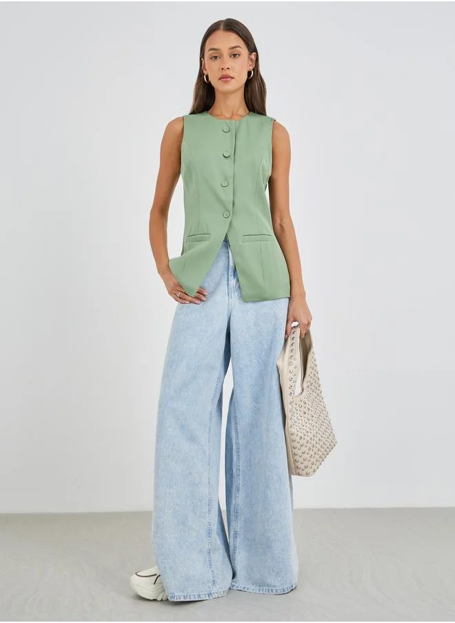 ستايلي Styli Solid Single Breasted Sleeveless Longline Blazer