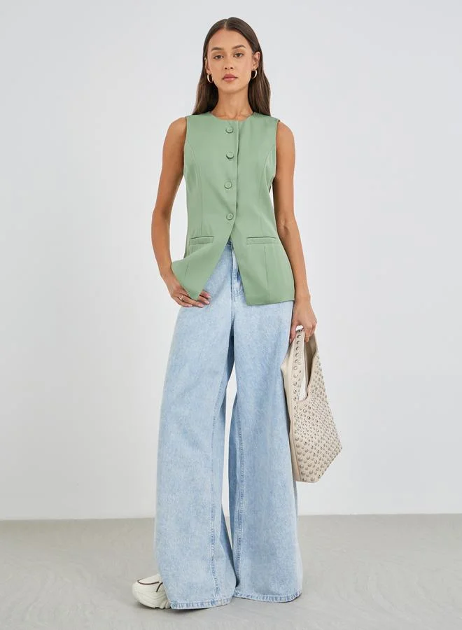 ستايلي بليزر طويل بدون أكمام بياقة صلبة