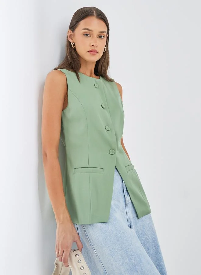 Styli Styli Solid Single Breasted Sleeveless Longline Blazer