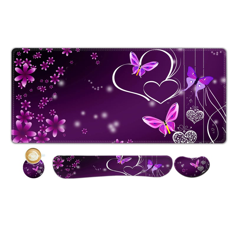 ARTSO Large Gaming Mouse Pad Keyboard Wrist Rest Pad Wrist Support Mousepad Set Stitched Edge Extended NonSlip Base Memory Foam Desk Mat for Office Home Purple Heart Butterfly