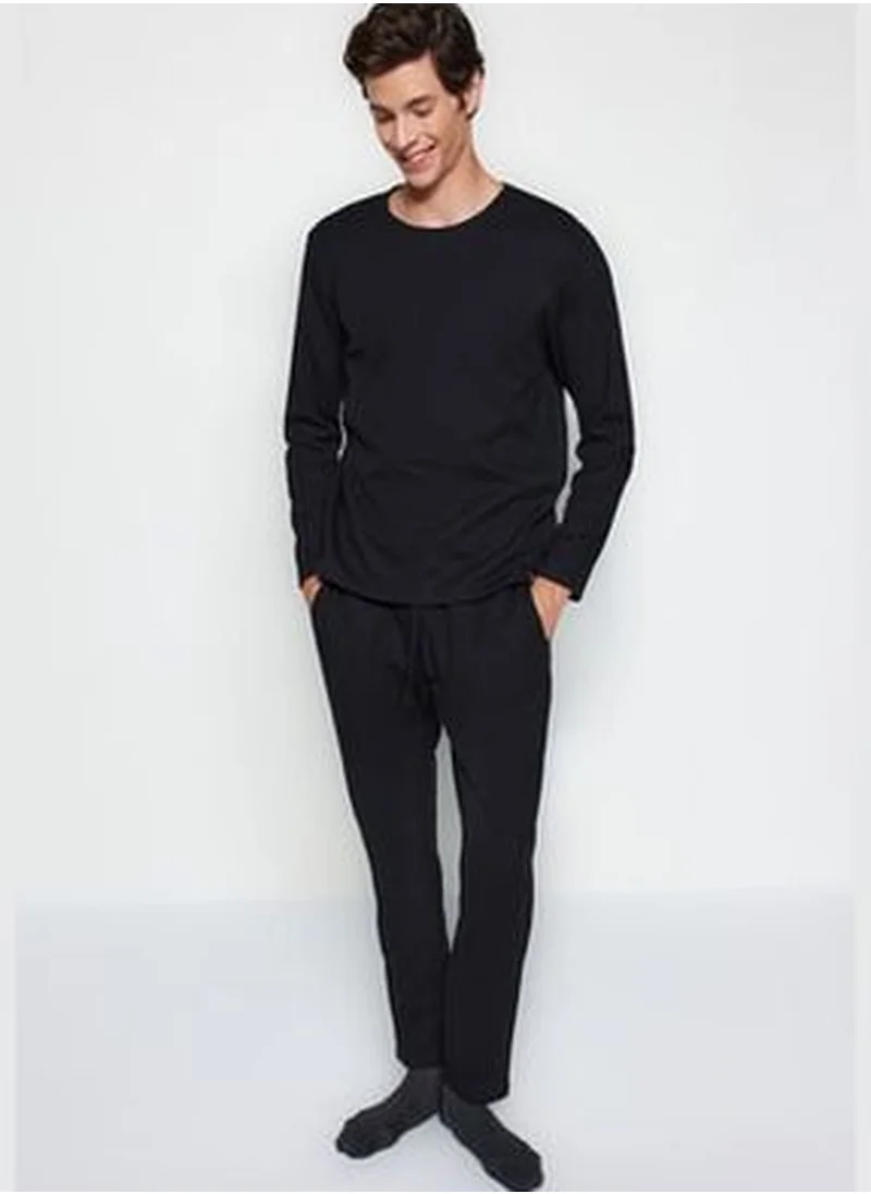 trendyol Men's Black Regular Fit Waffle Knitted Pajamas Set.