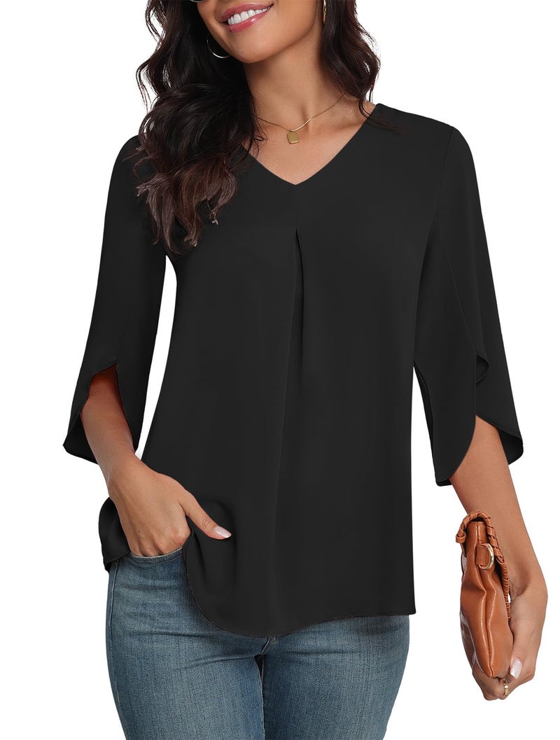 LAOLASI 2025 Blouses for Women Autumn 3/4 Short Sleeve V Neck Casual Dressy Blouse Work Cute Ladies Tops Shirts,Black,L - Image 3
