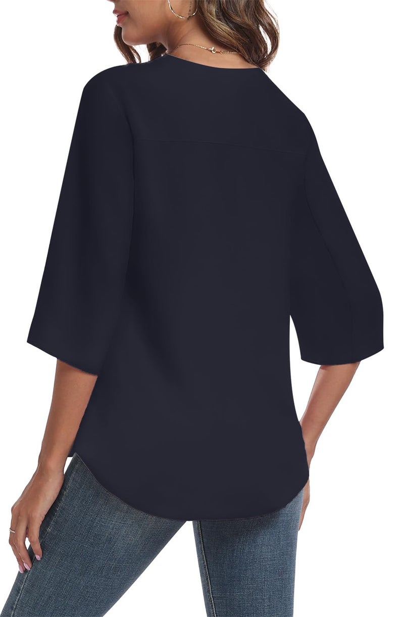 LAOLASI 2025 Blouses for Women Autumn 3/4 Short Sleeve V Neck Casual Dressy Blouse Work Cute Ladies Tops Shirts,Black,L - Image 2