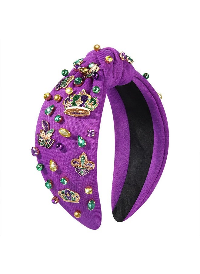 Boderier Mardi Gras Headband For Women Rhinestone Fleur De Lis Mask Crown Headband Jewel Embellished Knotted Headband Fat Tuesday Carnival Outfit Accessories (Mardi Gras Crown Mask)  - Image 1