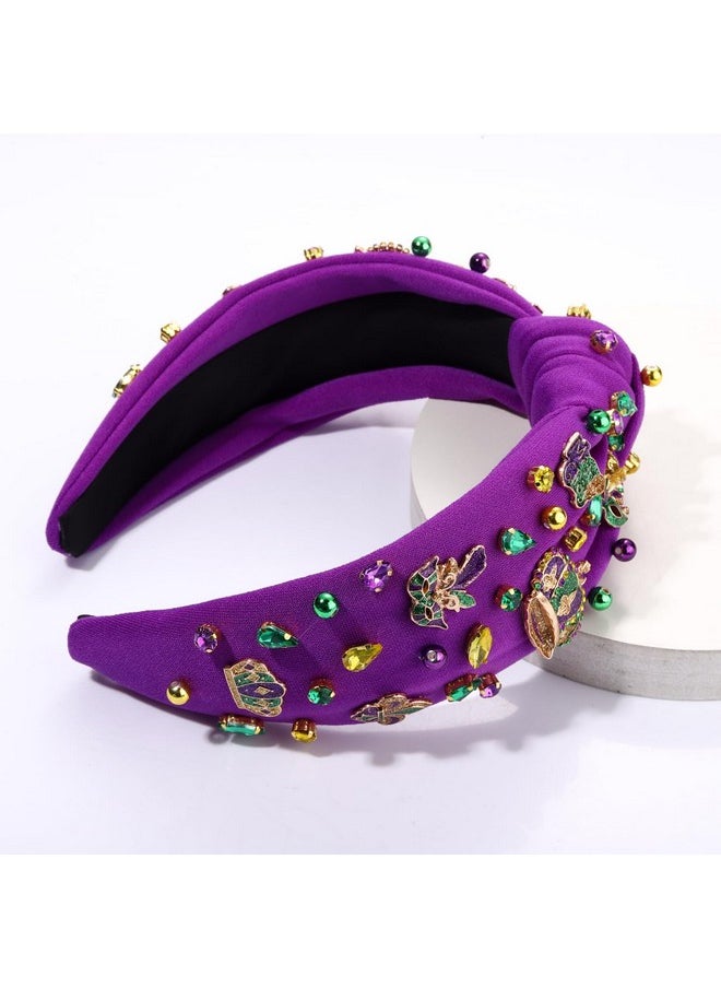 Boderier Mardi Gras Headband For Women Rhinestone Fleur De Lis Mask Crown Headband Jewel Embellished Knotted Headband Fat Tuesday Carnival Outfit Accessories (Mardi Gras Crown Mask)  - Image 3