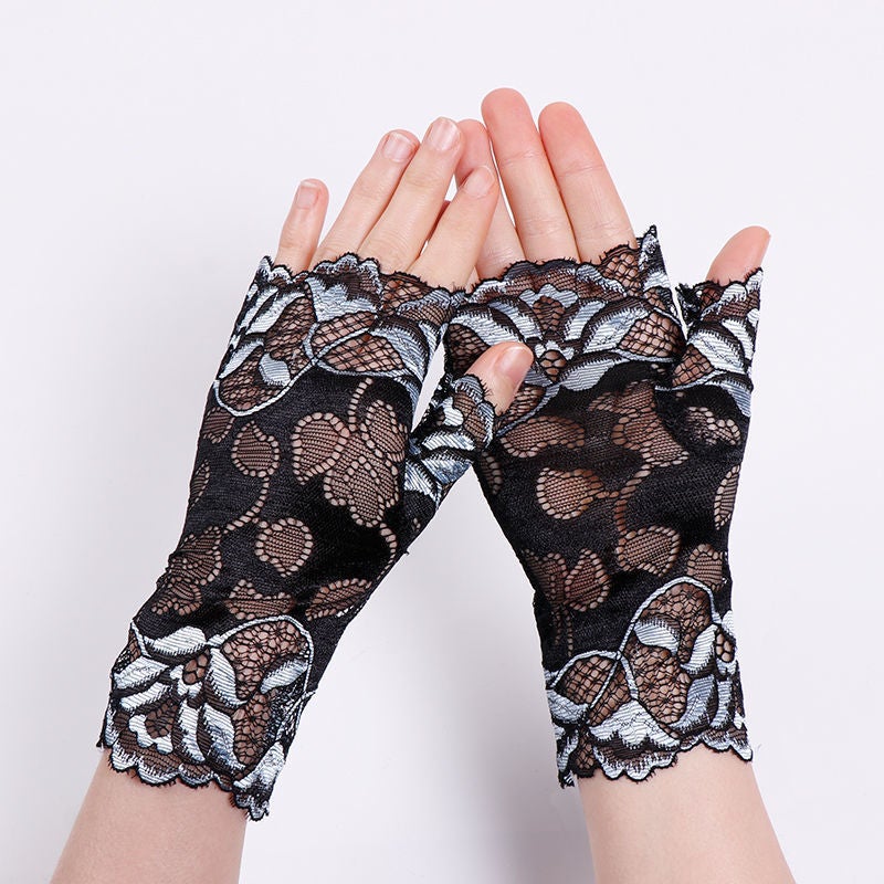 Summer short sun protection gloves for Women summer Korean style lace thin sun protection driving breathable ultra-thin gloves for women Wholesale T003 blue and gray