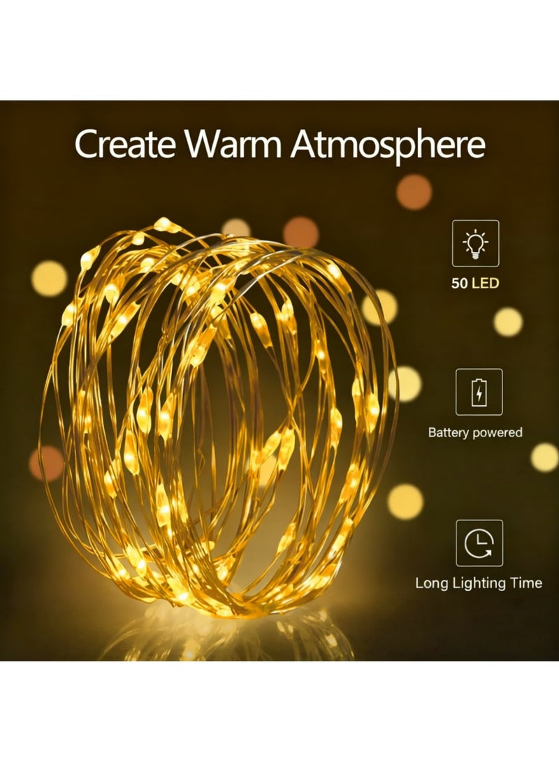 سايكفو أضواء زينة عيد الفطر 50 مصباح LED، طولها 5 أمتار، سلك فضي، تعمل بالبطارية، وضعان، لتزيين المنزل في حفلات العيد (أبيض دافئ) - Image 2
