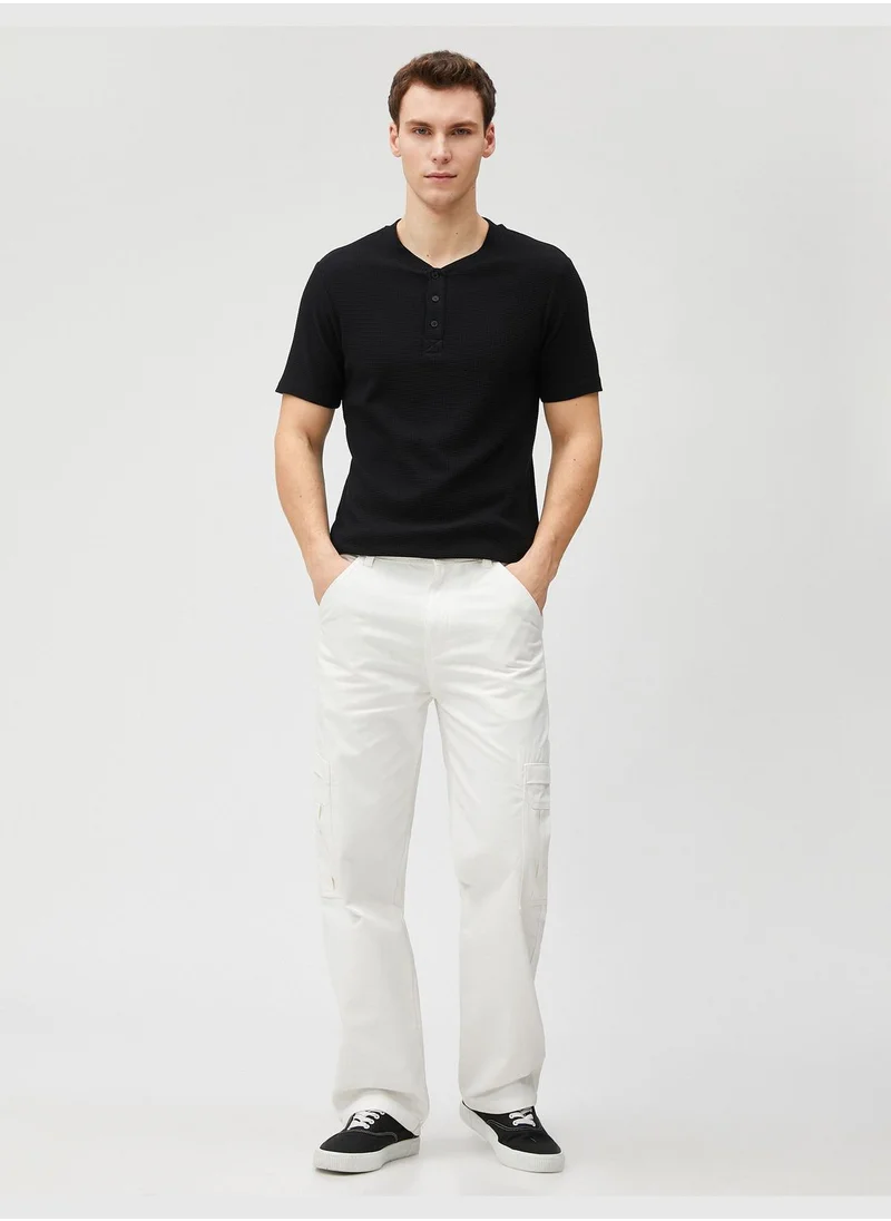 كوتون Basic T-Shirt Mandarin Collar Buttoned Slim Fit Short Sleeve