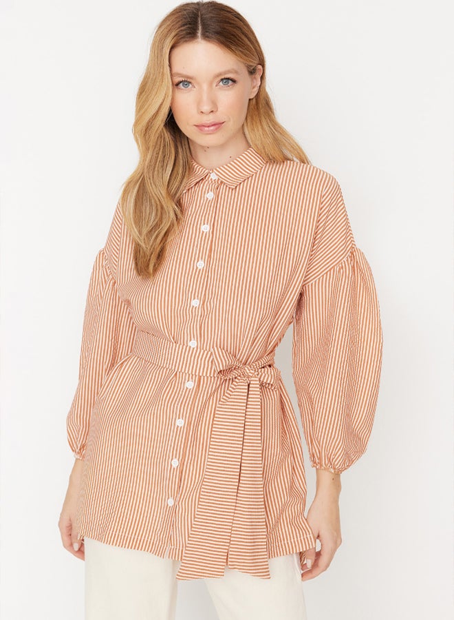 trendyol Striped Belted Balloon Back Sleeve Long Woven Shirt TCTSS22GO0116 - Image 2
