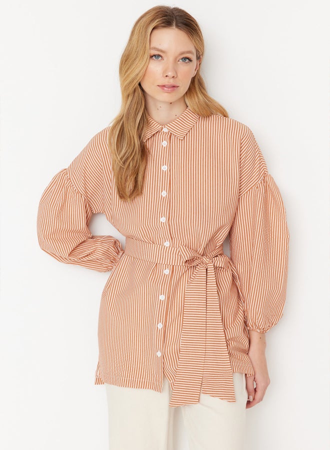 trendyol Striped Belted Balloon Back Sleeve Long Woven Shirt TCTSS22GO0116 - Image 1