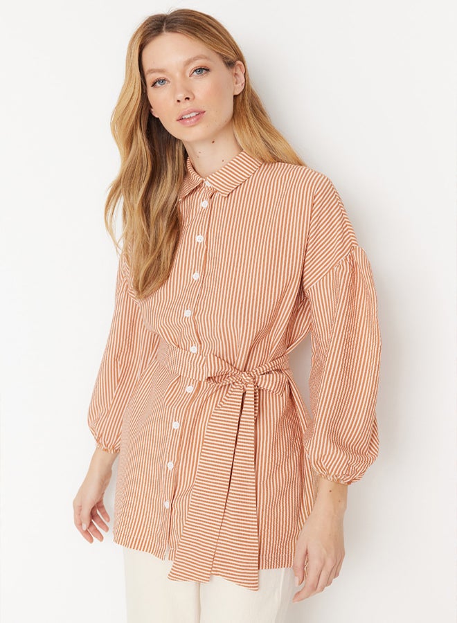 trendyol Striped Belted Balloon Back Sleeve Long Woven Shirt TCTSS22GO0116 - Image 3