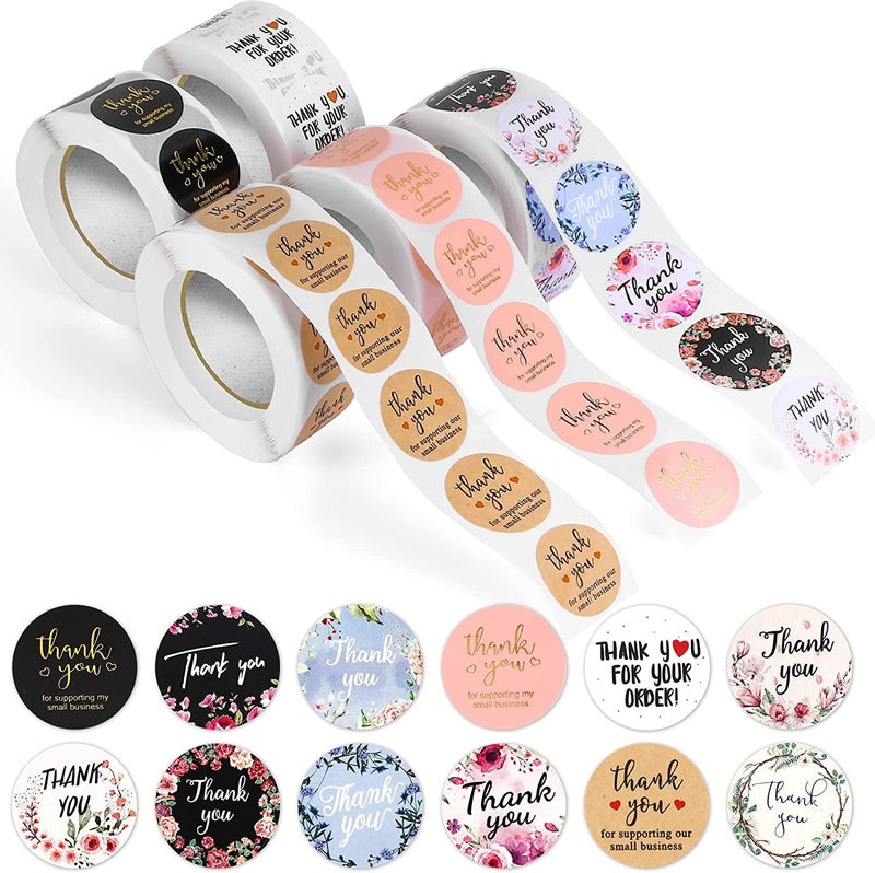 STORE 2508 Store2508 Thank You Stickers Rolls, 2500Pcs 1 Inch Thank You for Supporting My Small Business Envelope Seals, 5 Rolls 12 Patterns Small Thank You Stickers for Wedding, Birthday, Party Gift Wrap Bag - Image 1
