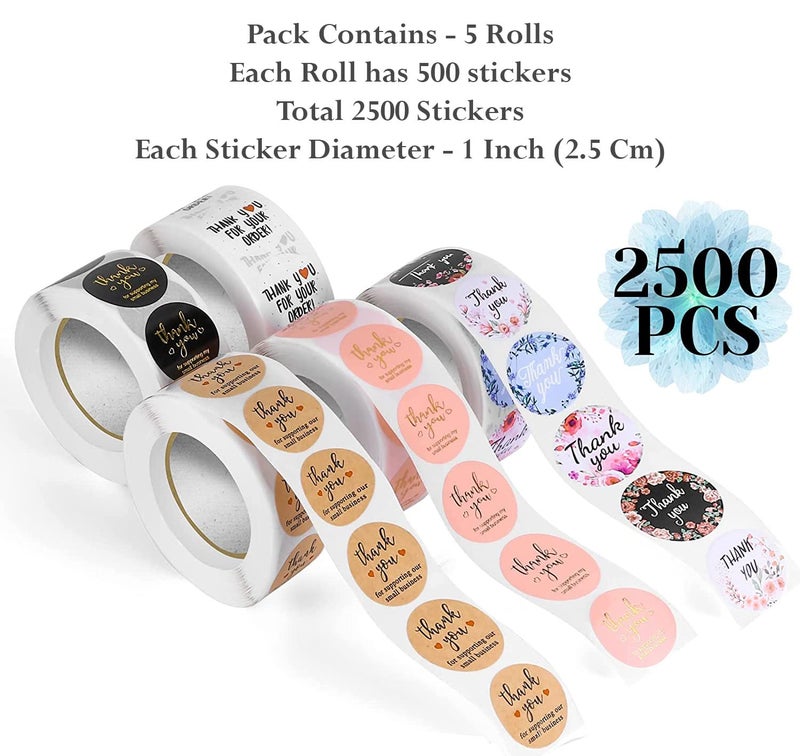 STORE 2508 Store2508 Thank You Stickers Rolls, 2500Pcs 1 Inch Thank You for Supporting My Small Business Envelope Seals, 5 Rolls 12 Patterns Small Thank You Stickers for Wedding, Birthday, Party Gift Wrap Bag - Image 2