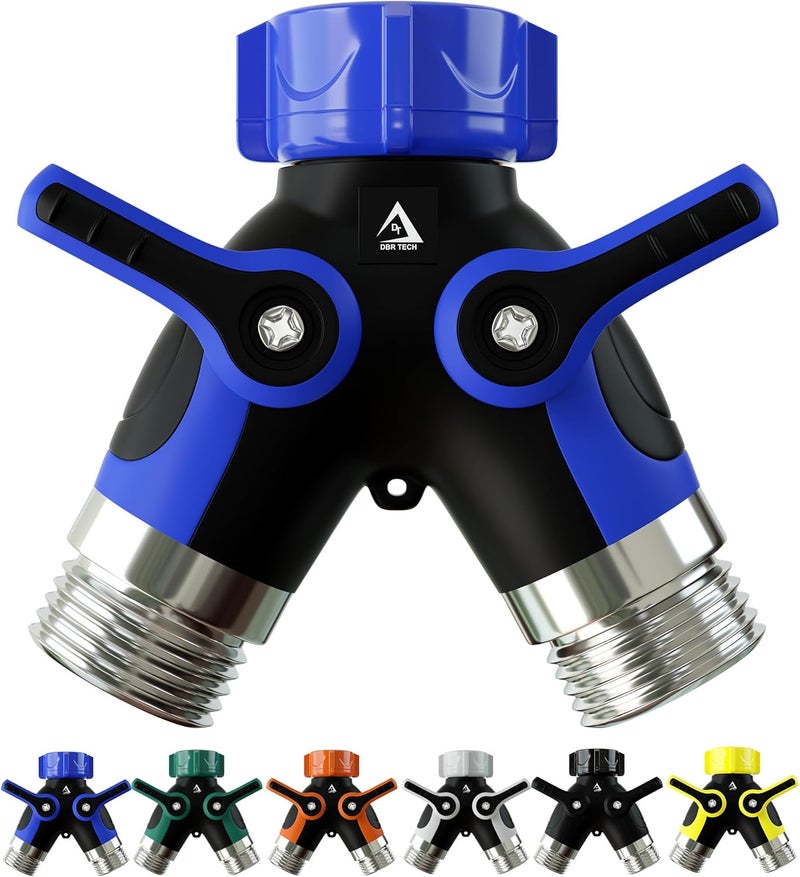 DBR Tech ® Hose Splitter 2 Way, Heavy Duty Metal Connector, Two Way Garden Hose Splitter, High Flow Spigot Faucet Bib Adapter, Solid Double Y Shut Off Valve for Outdoor Gardening Hoses, Blue - Image 1
