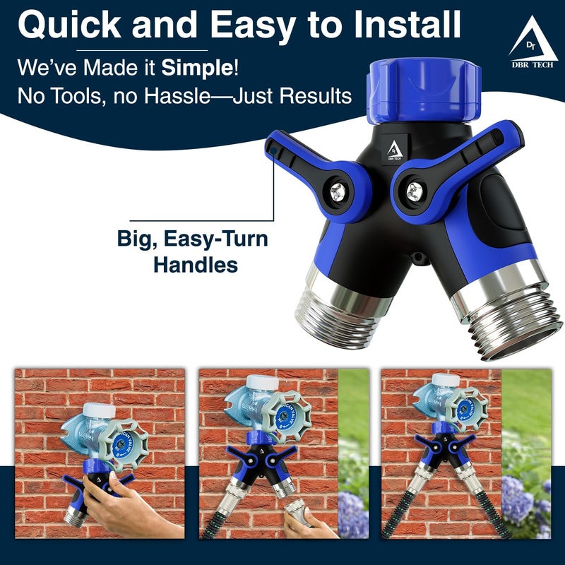 DBR Tech ® Hose Splitter 2 Way, Heavy Duty Metal Connector, Two Way Garden Hose Splitter, High Flow Spigot Faucet Bib Adapter, Solid Double Y Shut Off Valve for Outdoor Gardening Hoses, Blue - Image 3