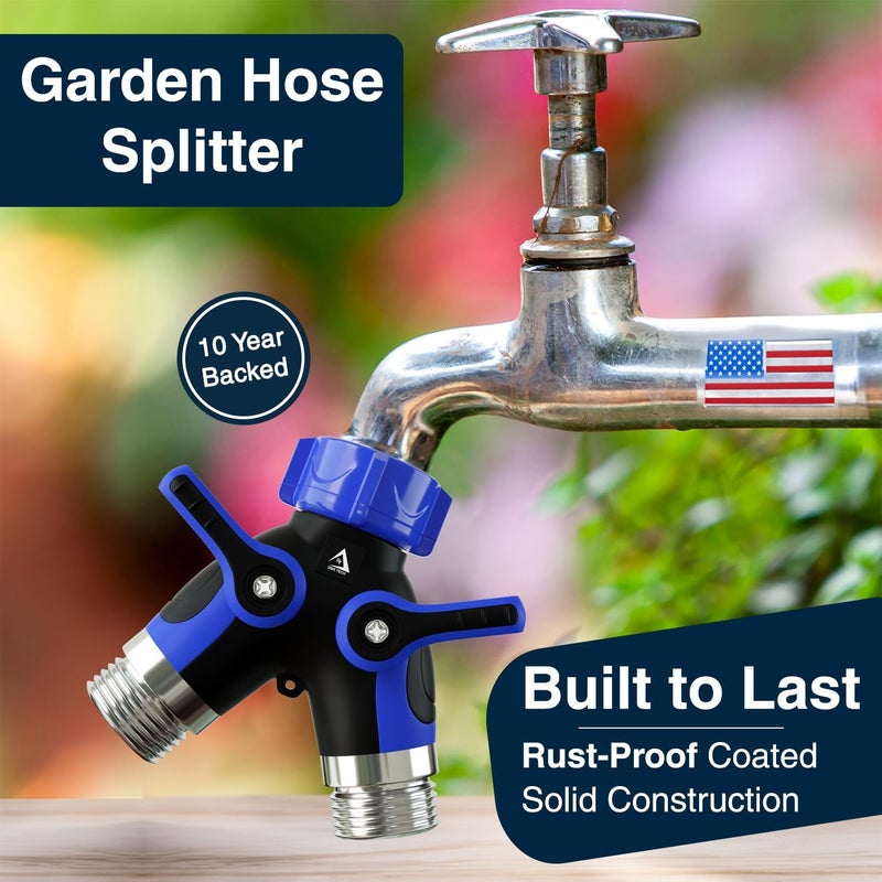 DBR Tech ® Hose Splitter 2 Way, Heavy Duty Metal Connector, Two Way Garden Hose Splitter, High Flow Spigot Faucet Bib Adapter, Solid Double Y Shut Off Valve for Outdoor Gardening Hoses, Blue - Image 2