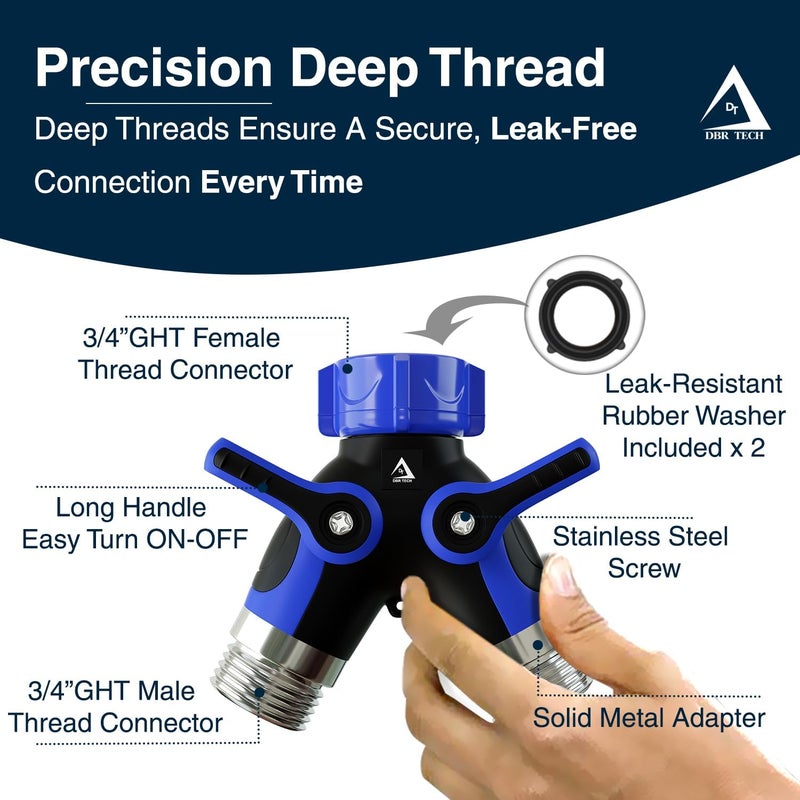 DBR Tech ® Hose Splitter 2 Way, Heavy Duty Metal Connector, Two Way Garden Hose Splitter, High Flow Spigot Faucet Bib Adapter, Solid Double Y Shut Off Valve for Outdoor Gardening Hoses, Blue - Image 4
