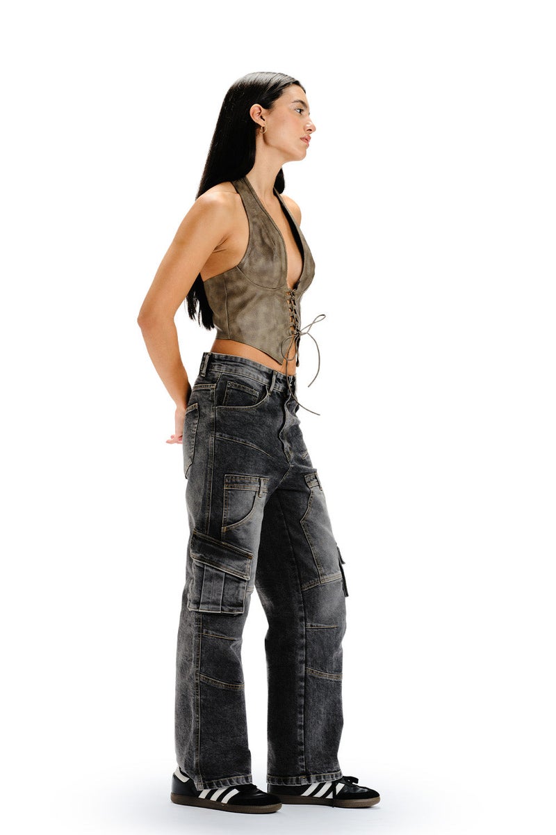 Bonkers Corner Black Wash Workwear Cargo Jeans for Women's - Image 3