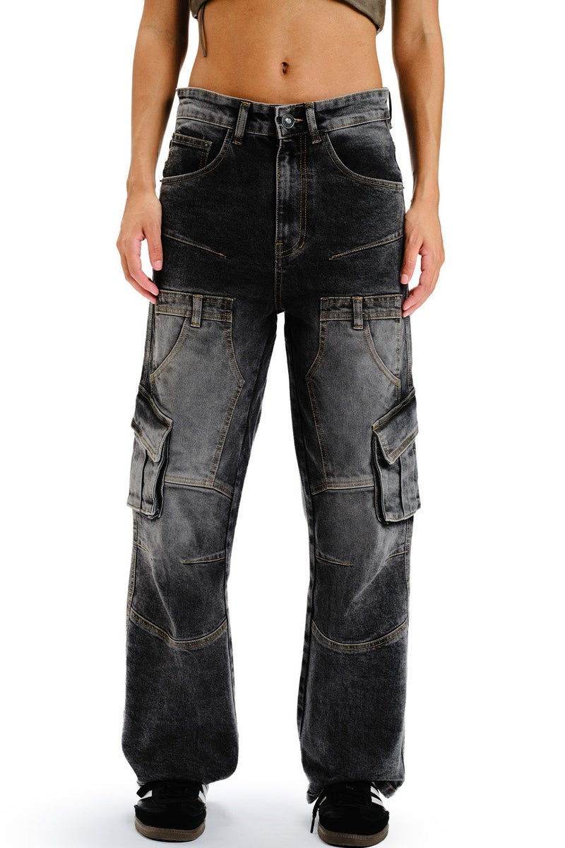Bonkers Corner Black Wash Workwear Cargo Jeans for Women's - Image 1