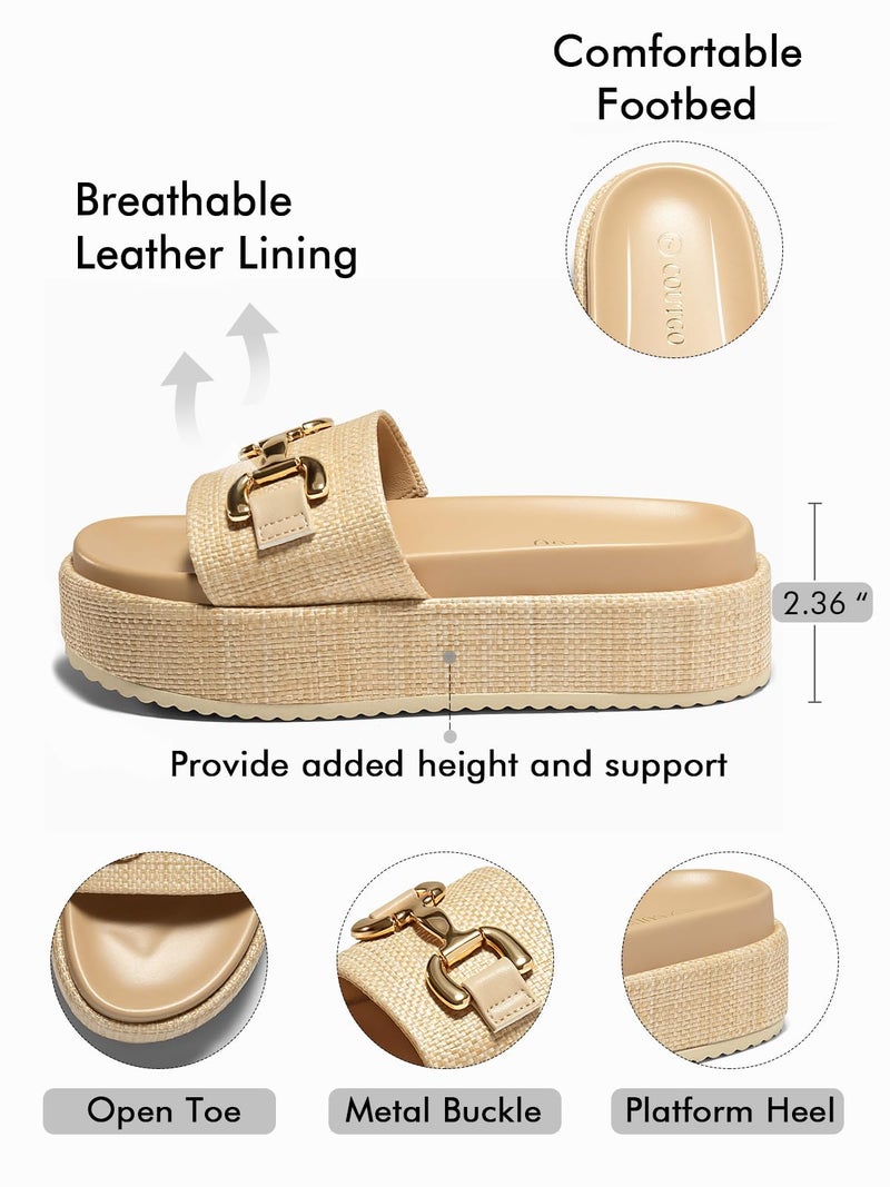 Coutgo Womens Platform Sandals Raffia Espadrilles Metal Chain Slip on Open Toe Cute Beach Slide Sandals - Image 4