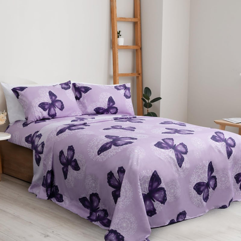 ARTALL 3Piece Butterfly Print Twin Size Sheet Set Soft Microfiber AllSeason Bed Sheets Includes 1 Pillowcase 1 Flat Sheet 1 Fitted Sheet with 15 Deep Pockets Purple
