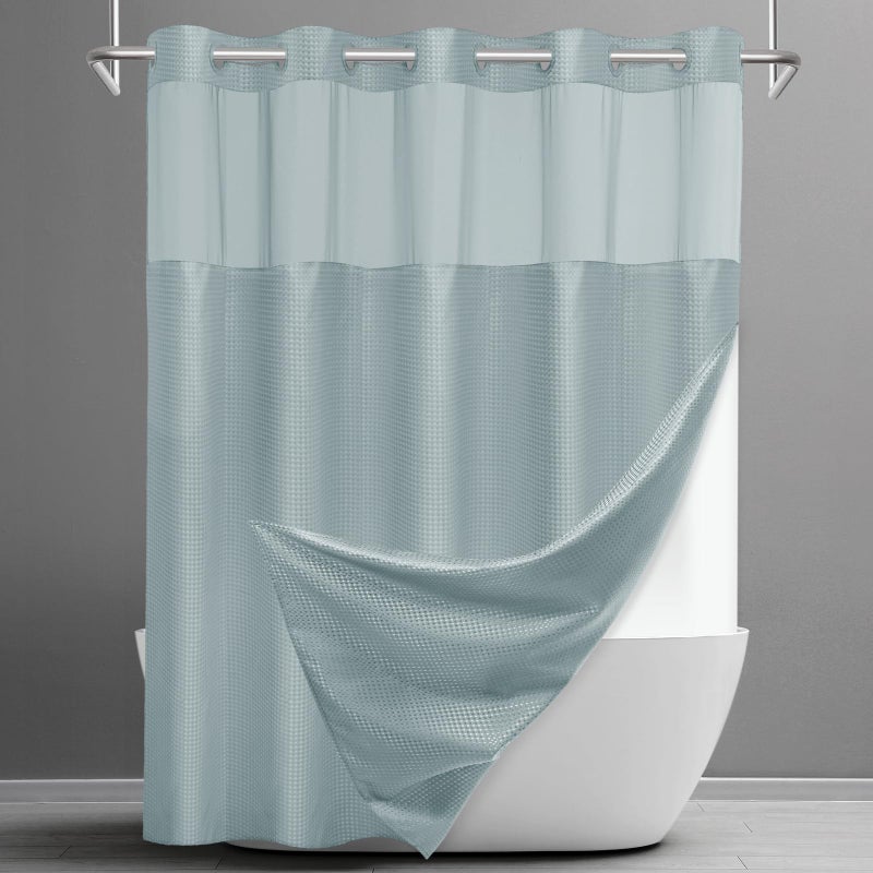 SORTTO No Hook Shower Curtain with Snap in Liner Set Waffle Shower Curtain for Bathroom Hotel Style Fabric Waterproof Inner Liner71 W x 74 H Fog Blue - Image 2