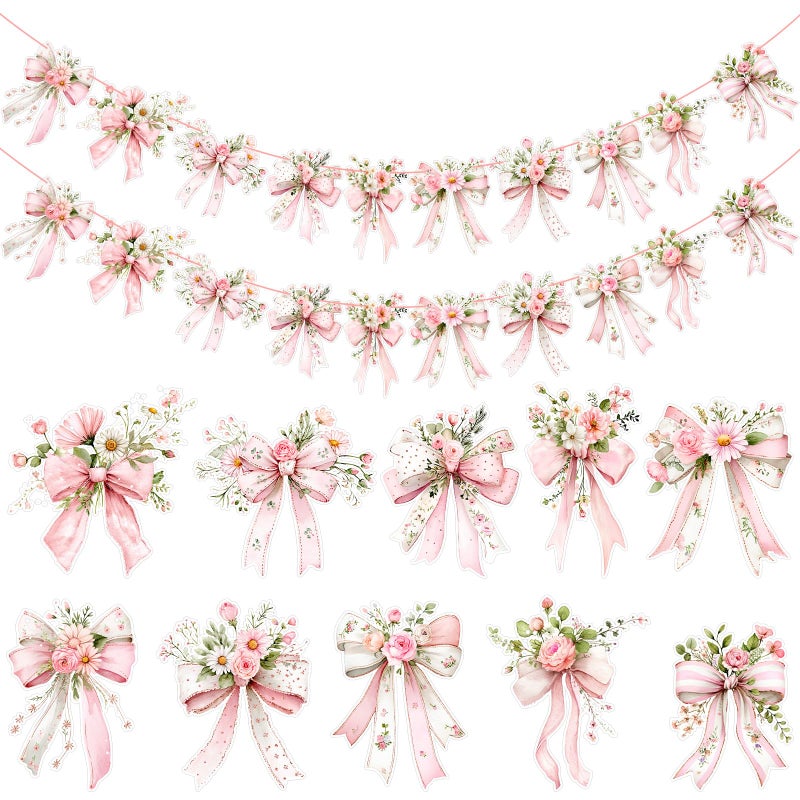 Maysing 2 Pack Pink Bow Spring Flowers Banner Spring Party Decorations Pink Bow Garland Banner for Coquette Birthday Baby Shower Decor, Bridal Shower Wedding, Bows Party De - Image 1