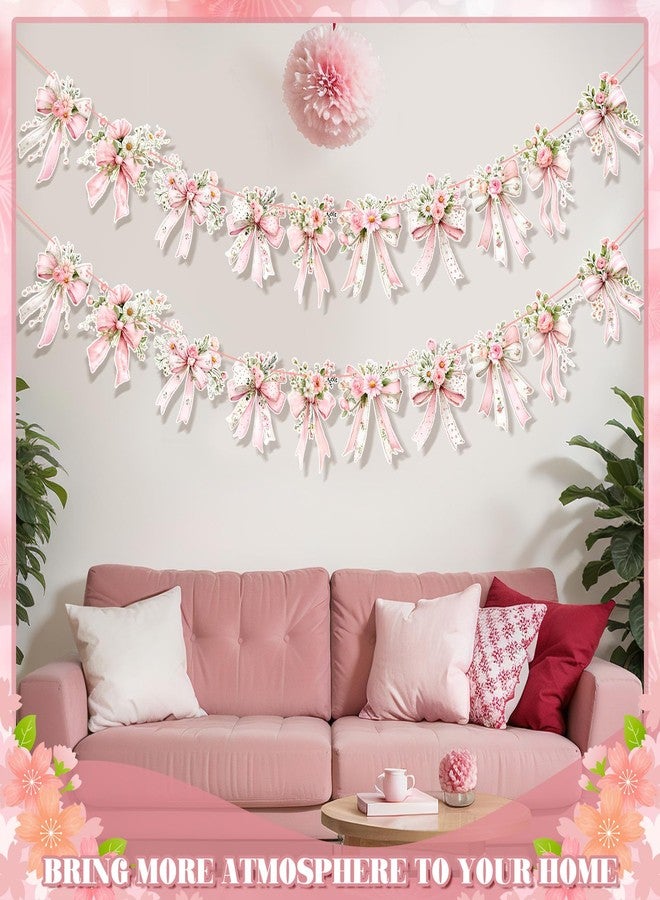 Maysing 2 Pack Pink Bow Spring Flowers Banner Spring Party Decorations Pink Bow Garland Banner for Coquette Birthday Baby Shower Decor, Bridal Shower Wedding, Bows Party De - Image 3