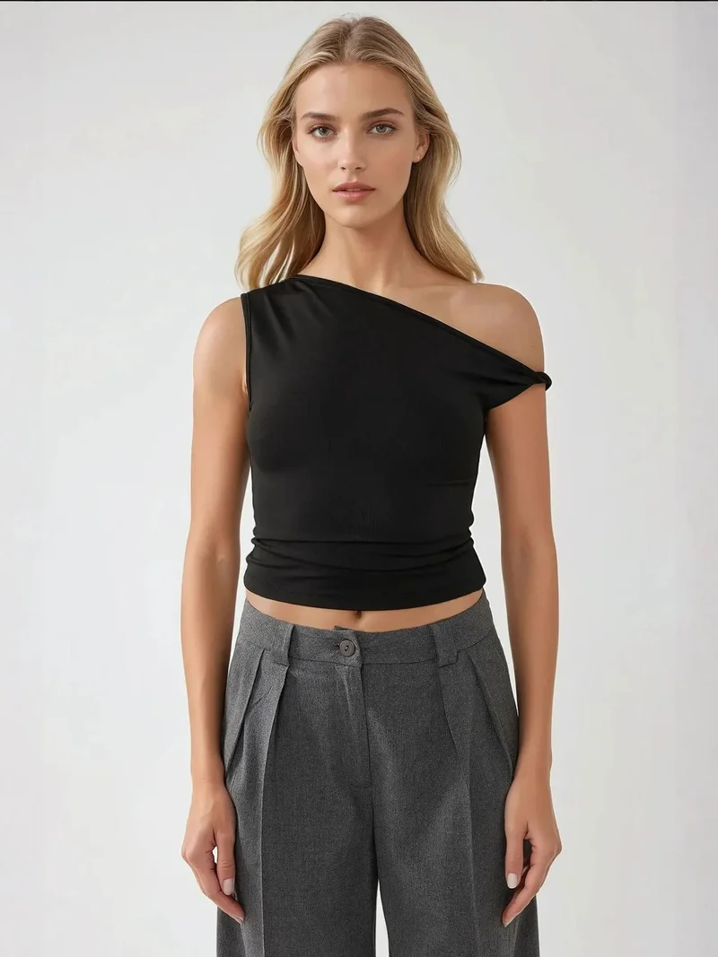 HICCUP Asymmetrical Neck Off-Shoulder Slim Fit Top