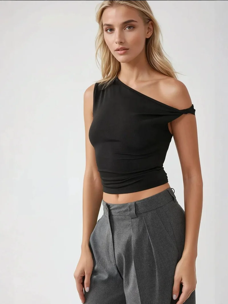 HICCUP Asymmetrical Neck Off-Shoulder Slim Fit Top