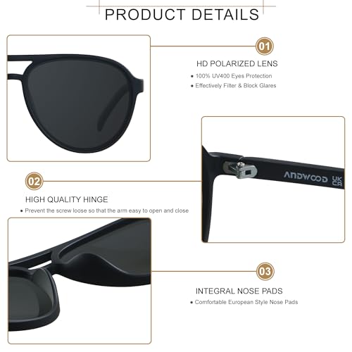 ANDWOOD Retro Polarized Aviator Sunglasses for Women Men Classic 70s Vintage Trendy Square Aviators 3 PACK Black Tortoise Blue Sun glasses - Image 5