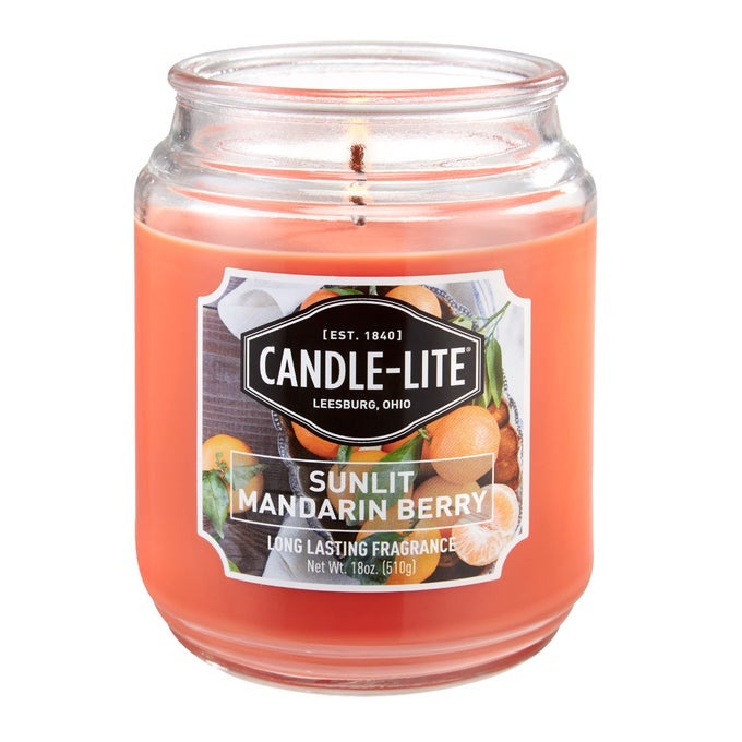 SCENTED SUNLIT MANDARIN BERRY FRAGRANCE ONE 18 OZ SINGLEWICK AROMATHERAPY CANDLE WITH 110 HOURS OF BURN TIME ORANGE COLOR JAR