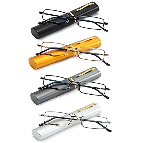OWTXIS 4 Pack Slim Pen Reading Glasses for Men Women, Blue Light Blocking Small Tube Reader Glasses with Portable Clip Case, +1.50 - Image 1