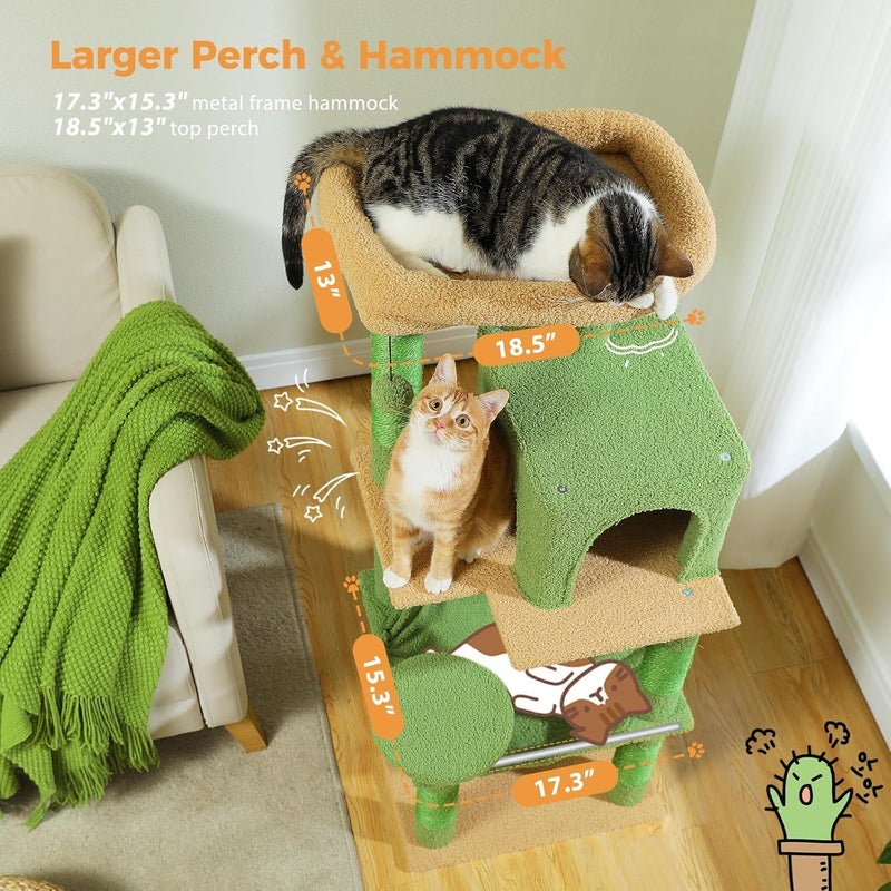 LOYAL RAIN 143 cm Tall Cat Tree for Indoor Cats, Multi-Level Cat Tower with Super Large Hammock, Sisal Covered Scratching Posts, Cozy Condo and Top Perch (Green, Large) - Image 4